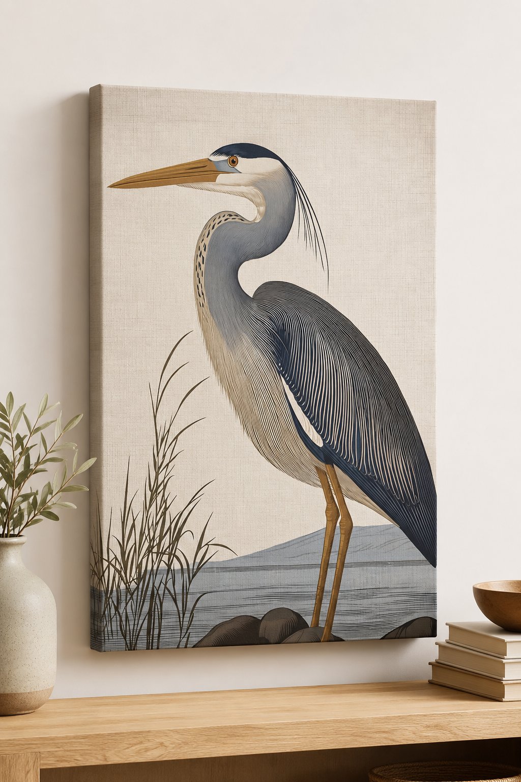 Great Blue Heron Vintage Wall Art Print – Japandi Style Bird Canvas, Ukiyo-e Inspired Coastal Decor, Minimalist Reed Illustration Poster canvas print — heron wall decor