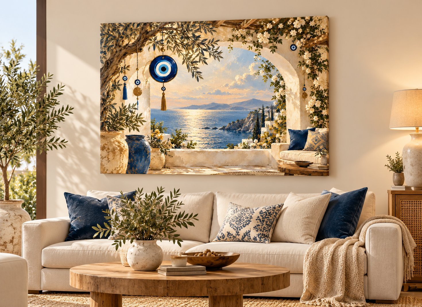 greek terrace evil eye sea view canvas wall art
