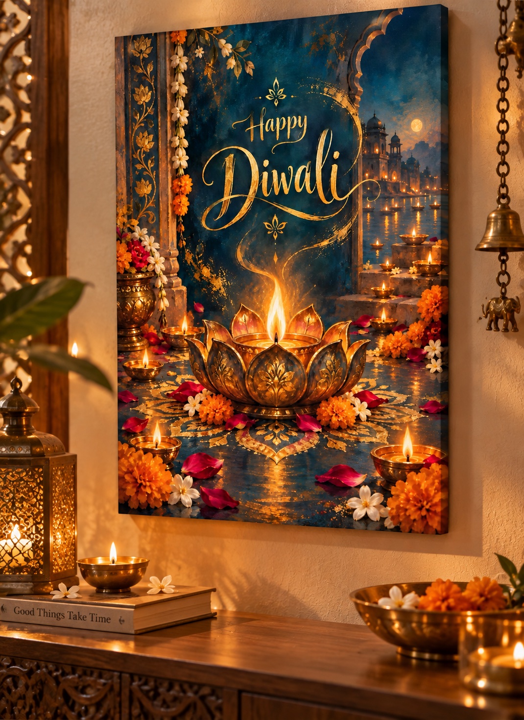 Gold “Happy Diwali” lettering above a glowing lotus-shaped diya surrounded by marigolds, white flowers, rose petals, multiple oil lamps, and deep teal architectural scenery.