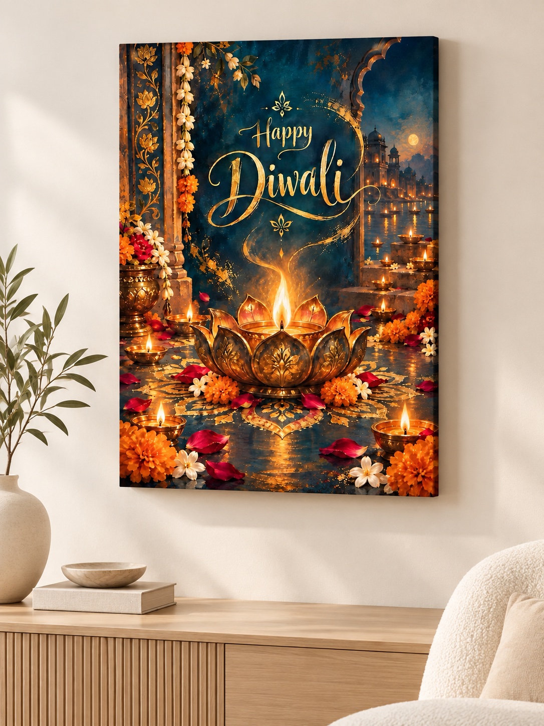 Gold “Happy Diwali” lettering above a glowing lotus-shaped diya surrounded by marigolds, white flowers, rose petals, multiple oil lamps, and deep teal architectural scenery.