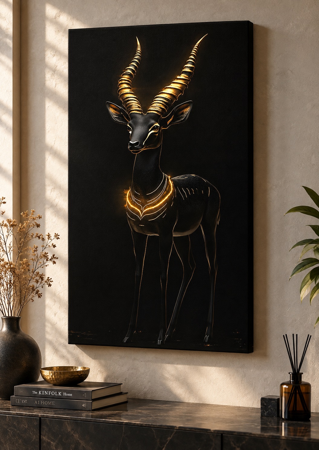 High-contrast digital wildlife art featuring a dark aesthetic with luminous gold line detailing. canvas print — antelope canvas