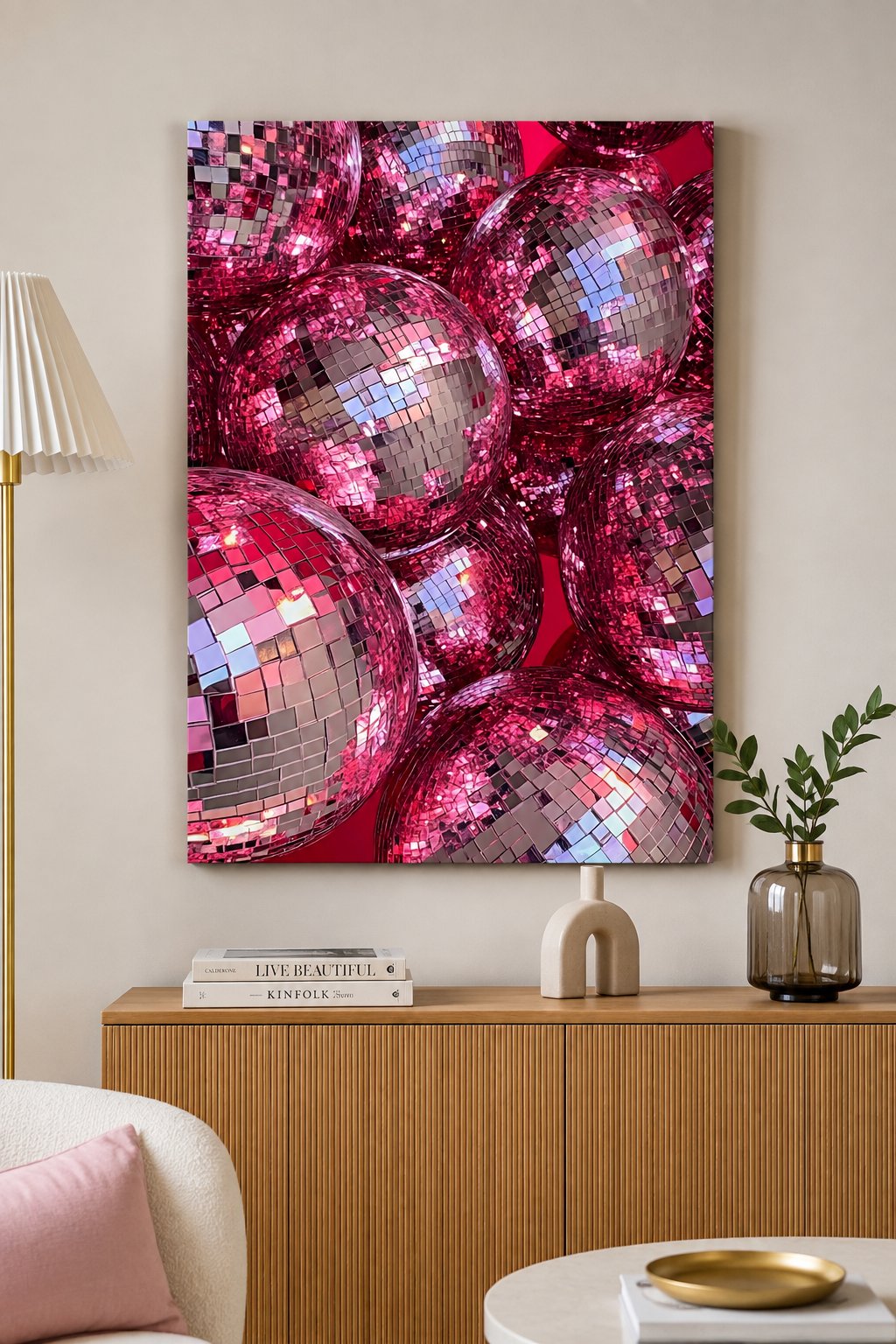 Hot Pink Disco Ball Wall Art | Vibrant Magenta Party Aesthetic Canvas Print canvas print — disco ball decor