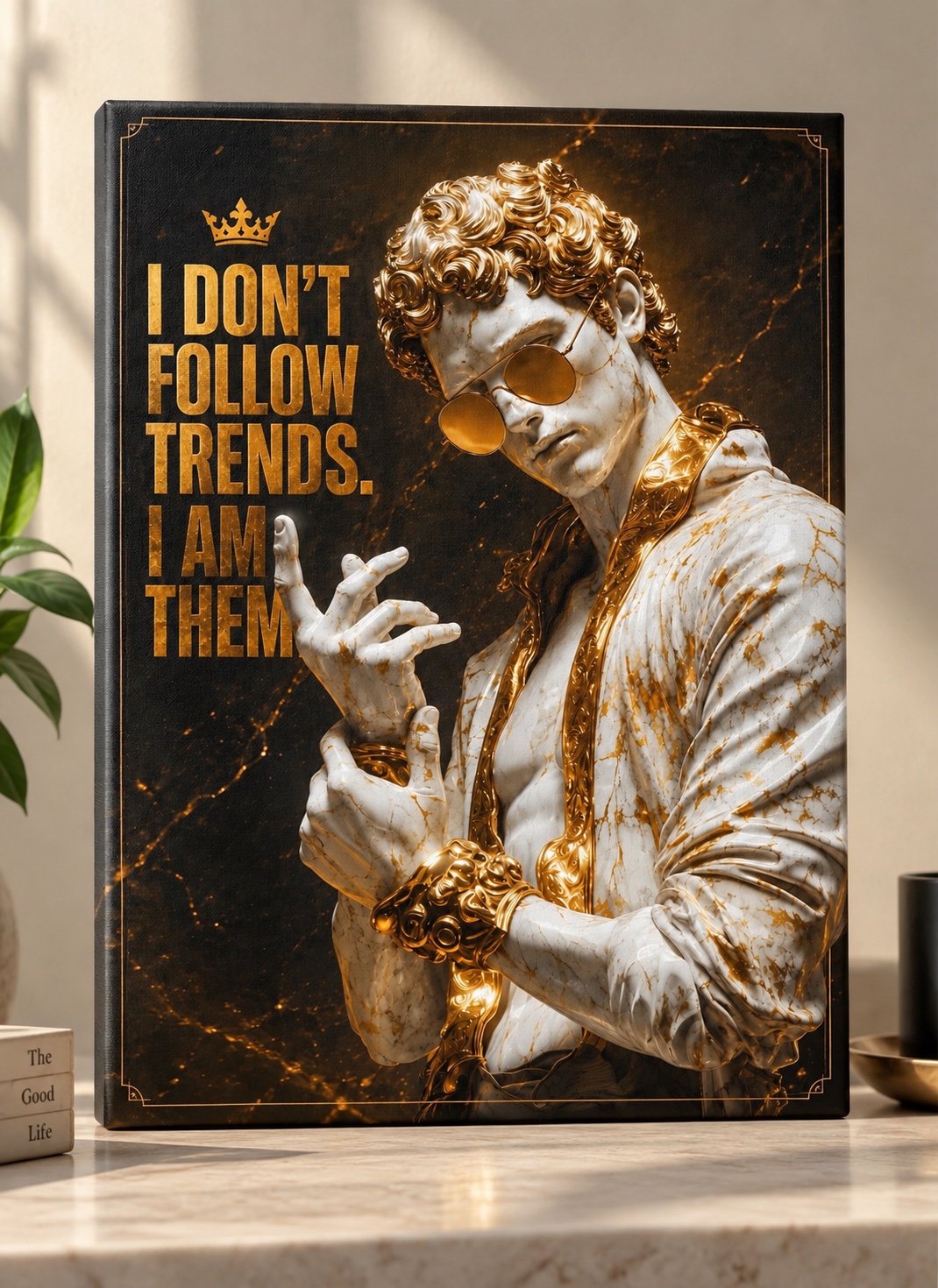 White marble-style male statue with gold veining, golden curly hair, sunglasses and ornate gold details beside the quote “I DON’T FOLLOW TRENDS. I AM THEM.” on a dark black-and-gold background.