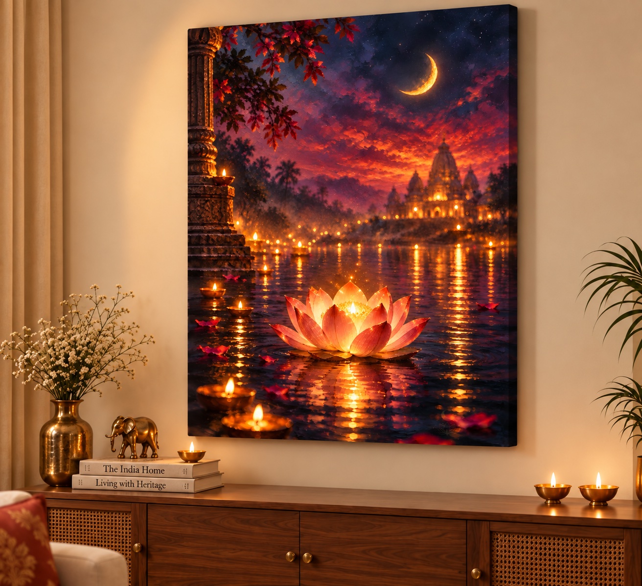 Illuminated Lotus, Floating Diyas, and Crescent Moon Temple River Wall Art