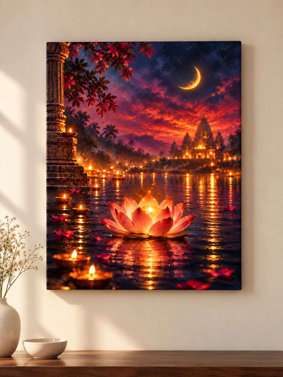 Moonlit temple river with floating diyas canvas wall art for pooja room, India