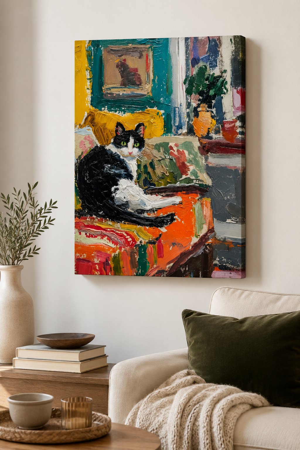 Impasto Black and White Cat Oil Painting Wall Art - Tuxedo Cat Canvas Print canvas print — impasto cat print