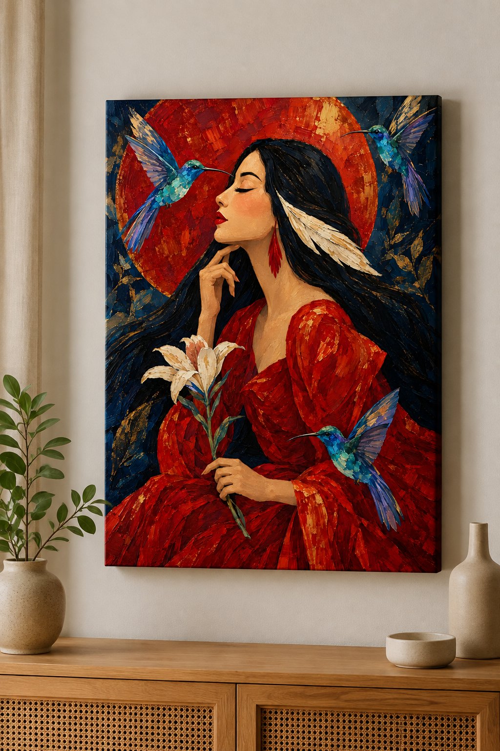 Impasto Woman in Red Dress Wall Art - Mythical Goddess Canvas Print with Hummingbirds & Lily canvas print — hummingbird artwork