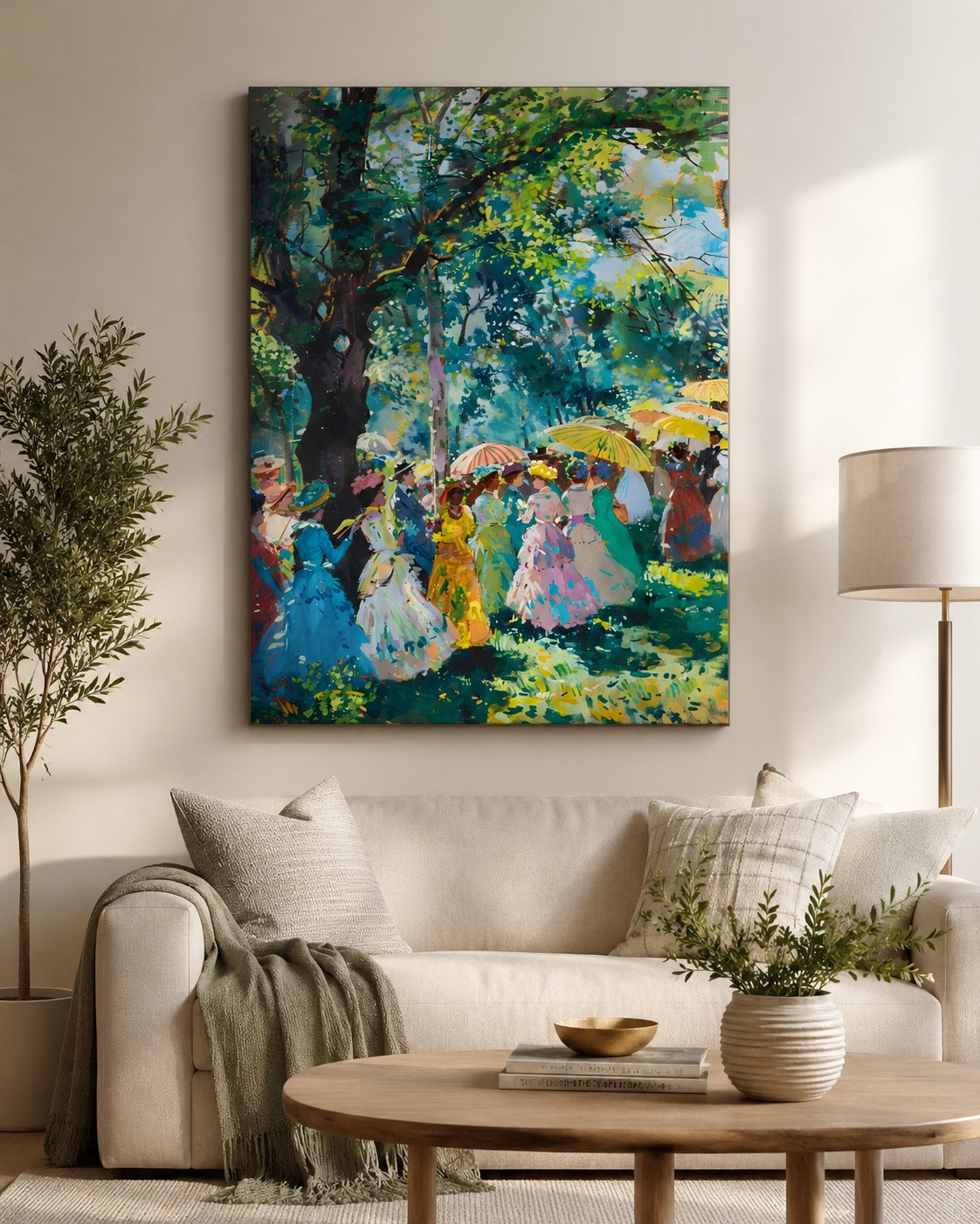 Impressionist Victorian Garden Party Wall Art - Vibrant Canvas Print, Belle Époque Gathering Painting, Sun-Drenched Summer Promenade Decor canvas print — garden party print