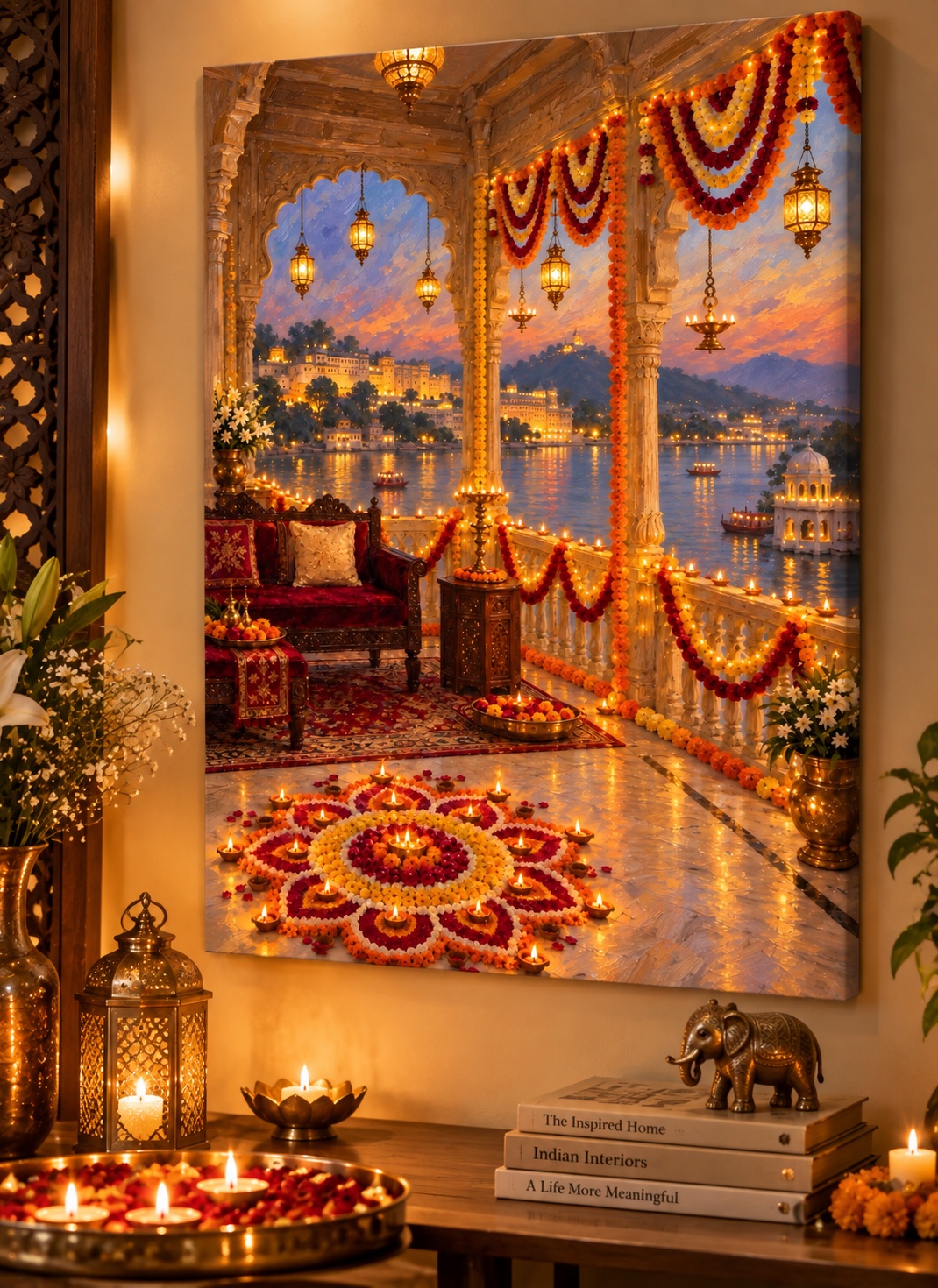 Ornate festive balcony decorated with marigold garlands, glowing diyas, hanging lanterns and floral rangoli overlooking illuminated buildings across water at sunset.