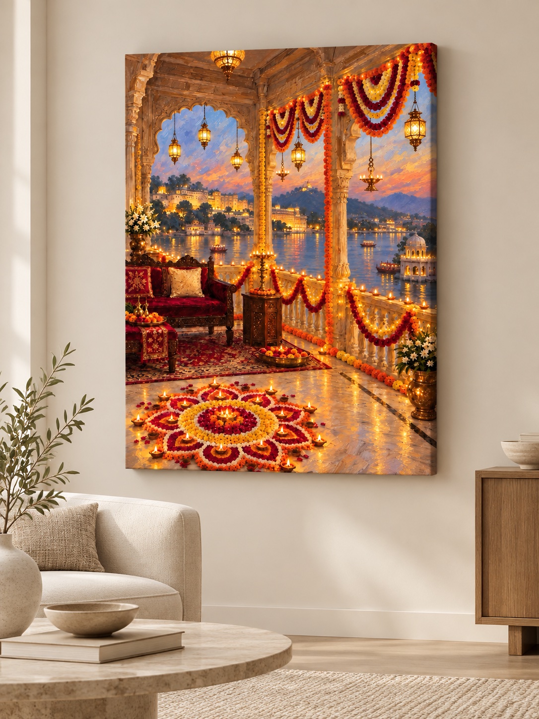 Ornate festive balcony decorated with marigold garlands, glowing diyas, hanging lanterns and floral rangoli overlooking illuminated buildings across water at sunset.