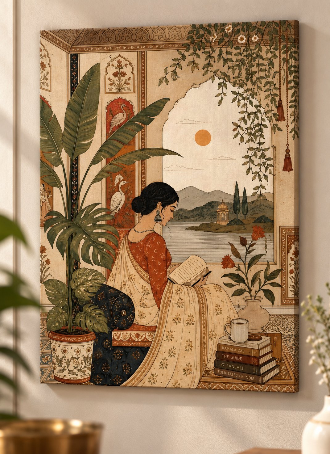 Indian Woman Reading Wall Art - Traditional South Asian Miniature Style Painting Art Print, Elegant Desi Home Decor canvas print — Indian miniature inspired