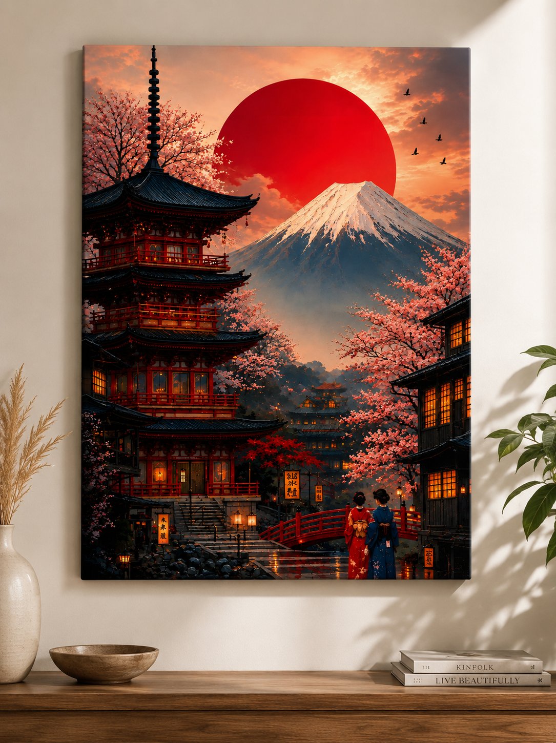 Japan Wall Art Print, Mount Fuji & Pagoda Canvas Art, Cherry Blossom Japanese Landscape Poster, Traditional Asian Decor, Kyoto Street Art, Good Vibes Poster canvas print — Japanese wall decor