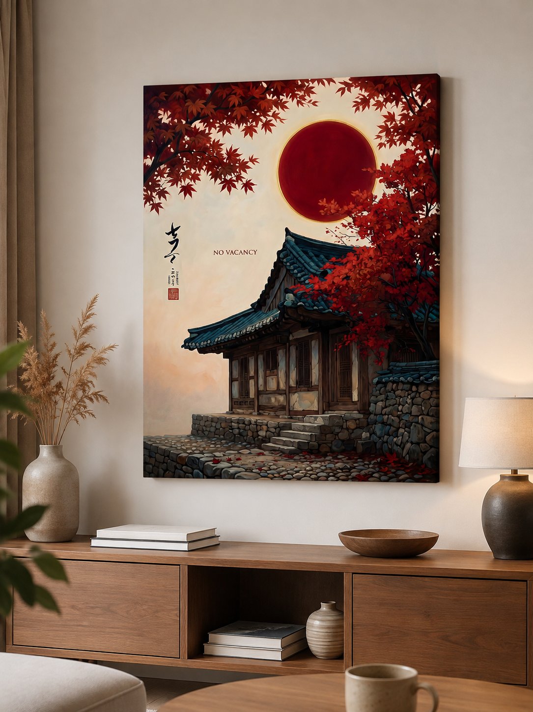 Japanese Autumn Landscape Wall Art - Traditional House with Vibrant Red Maple Leaves & Sun Print canvas print — Korean hanok print