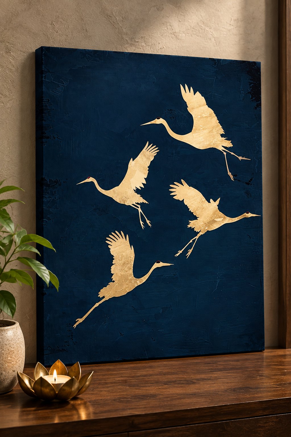Japanese Crane Wall Art, Flying Birds Canvas Print, Gold and Navy Blue Asian Decor, Elegant Chinoiserie Poster, Minimalist Zen Wildlife Art Print canvas print — crane wall decor