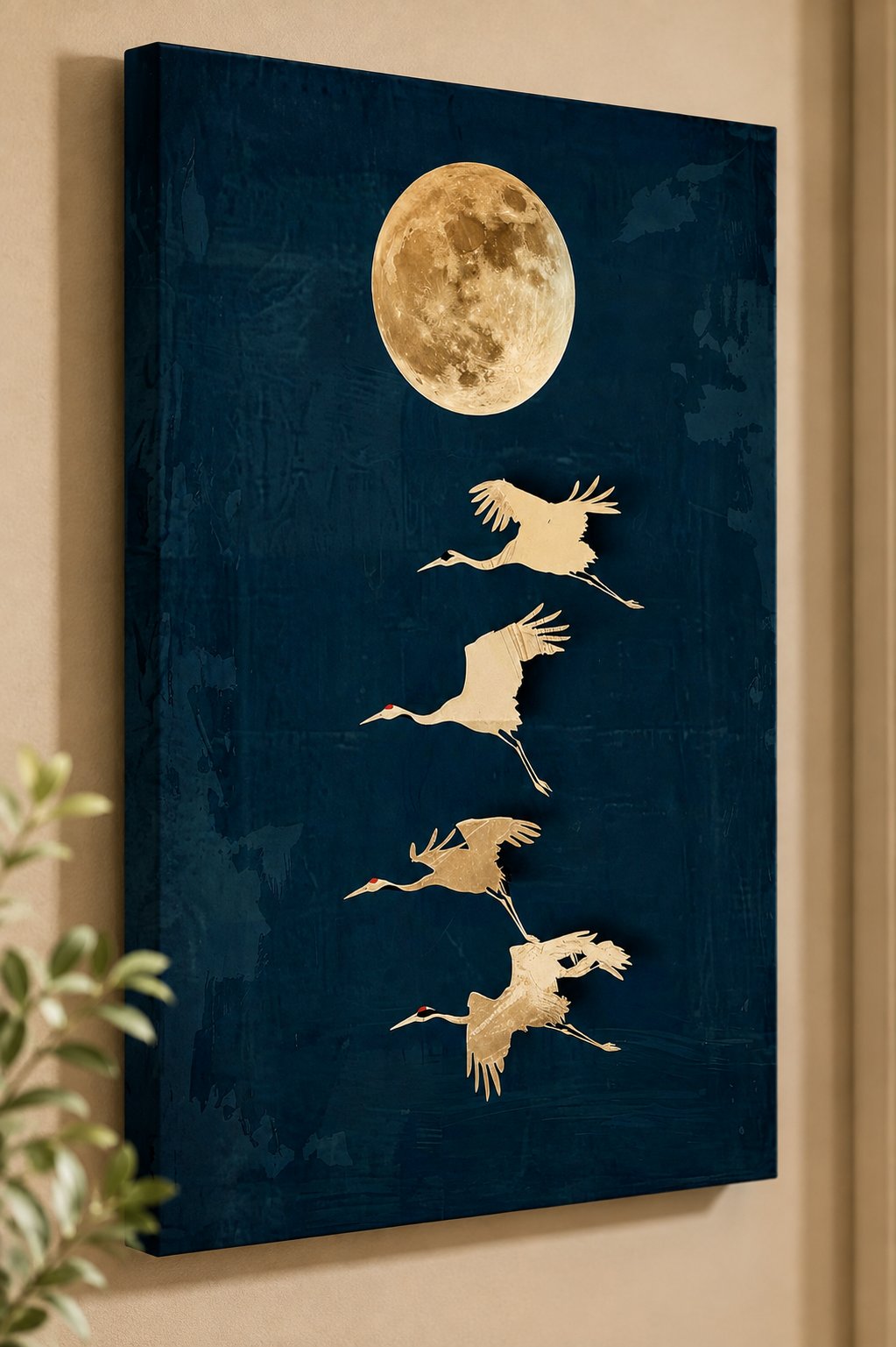 Japanese Crane Wall Art – Flying Birds Under Full Moon Canvas Print, Navy Blue Asian Style Decor, Large Zen Poster for Living Room canvas print — crane wall decor