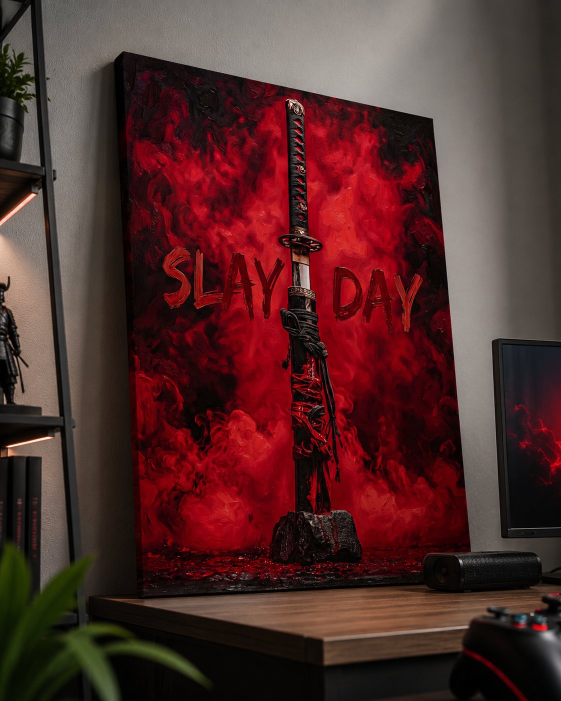 Japanese Katana Sword Canvas Wall Art - "Slay Day" Red Smoke Samurai Decor canvas print — katana wall decor