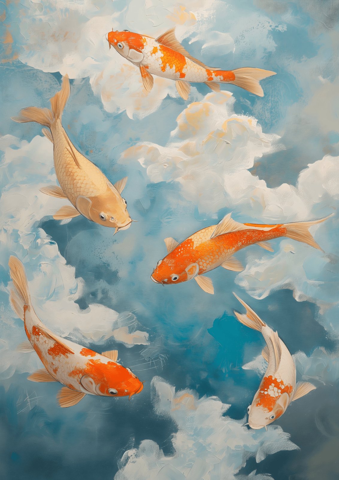 Japanese Koi Fish Floating in Clouds Poster - Ethereal Surrealistic Fish Painting, Zen Oriental Blue and Orange Fine Art Print for Living Room Decor — Poster