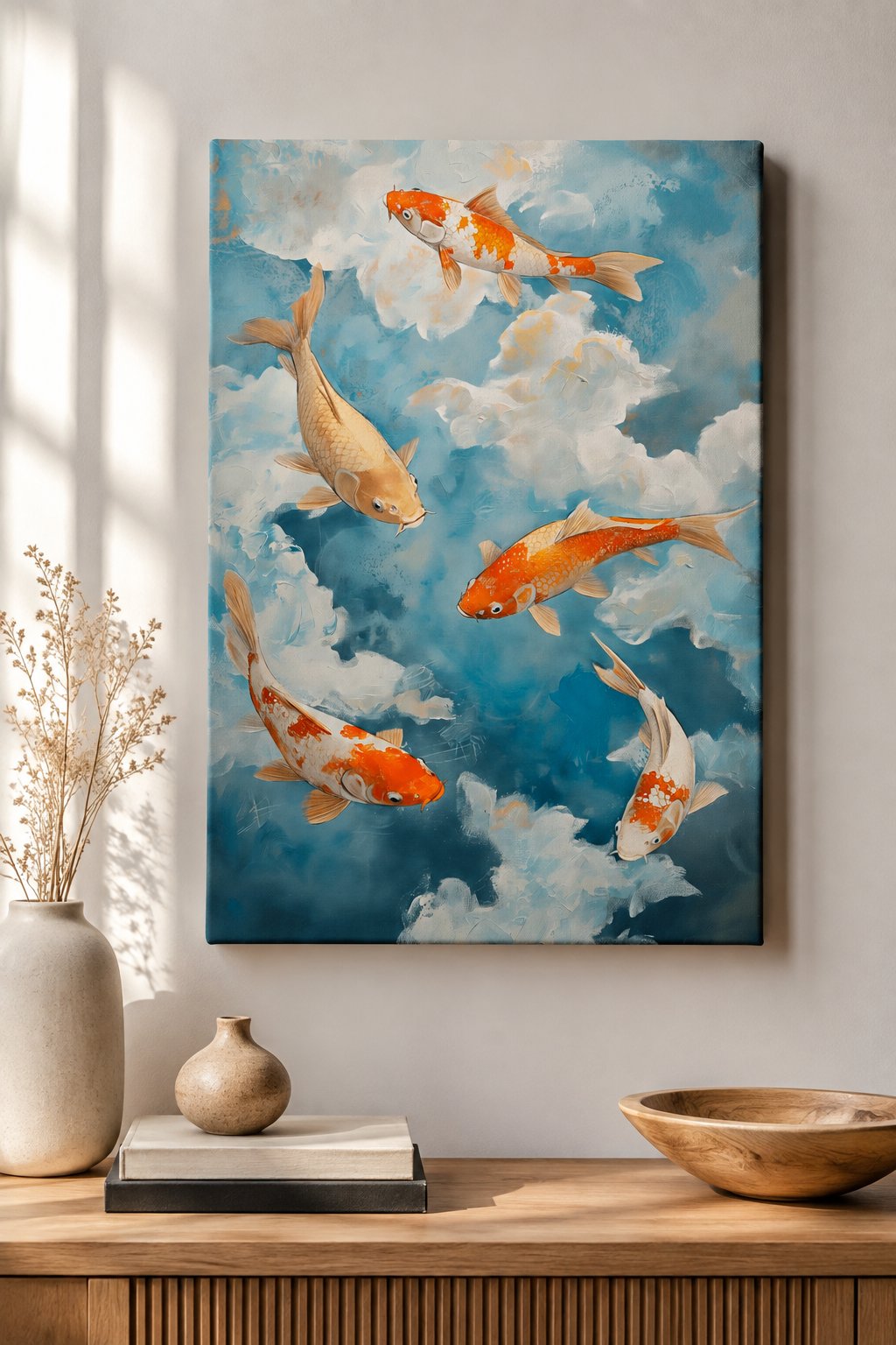 Japanese Koi Fish Floating in Clouds Canvas Wall Art - Ethereal Surrealistic Fish Painting, Zen Oriental Blue and Orange Fine Art Print for Living Room Decor canvas print — koi fish wall decor