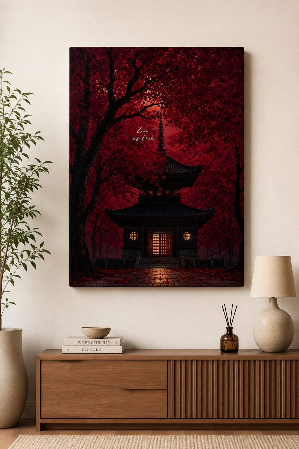 Japanese Pagoda Wall Art - Red Maple Tree Autumn Forest Canvas Print - Zen Buddhist Temple Landscape Poster - Dark Moody Asian Decor canvas print — Japanese pagoda