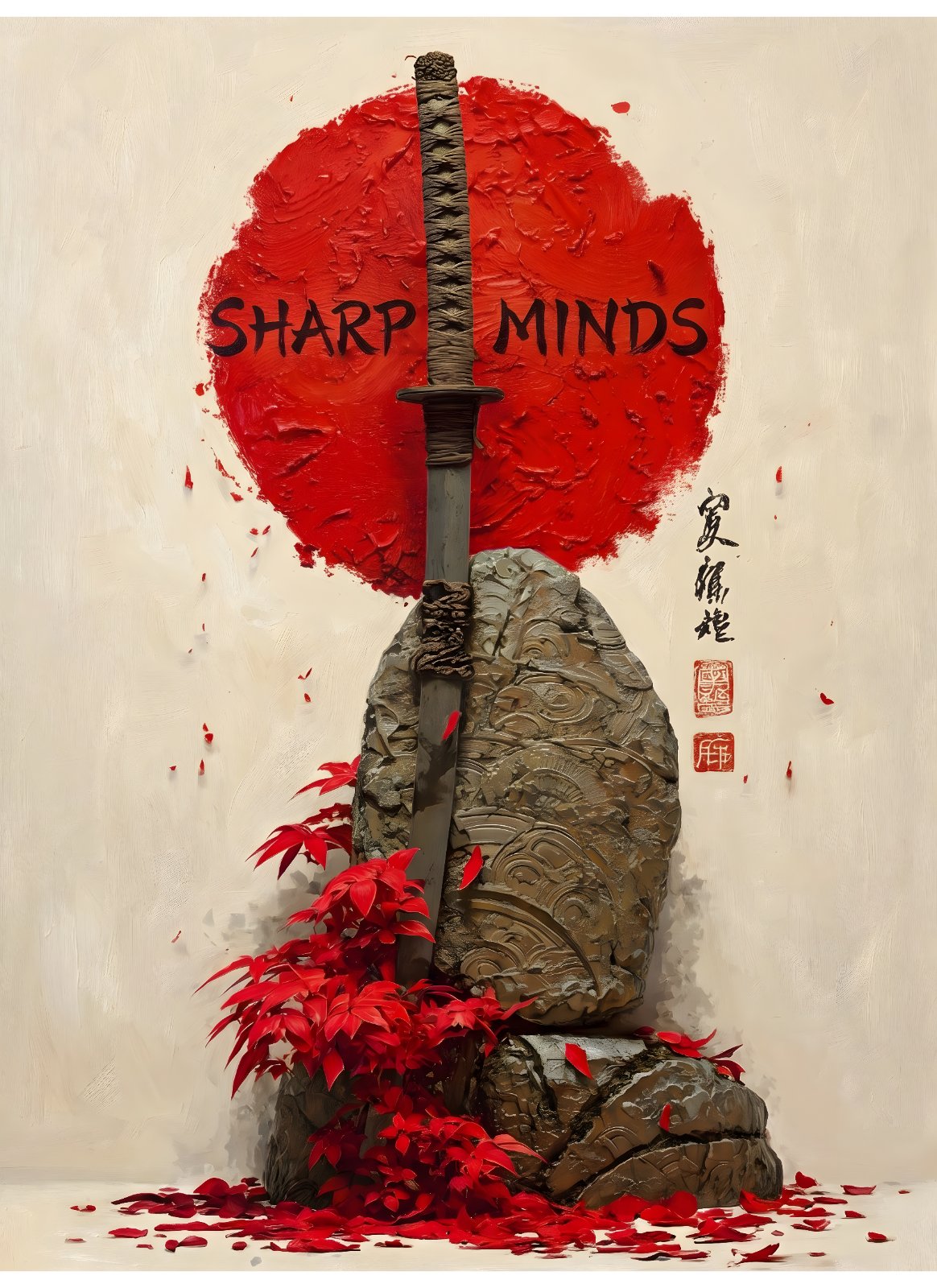  Japanese Samurai Sword Poster - Katana and Red Sun Poster, Zen Rock and Maple Leaves Poster for Living Room Decor — Poster