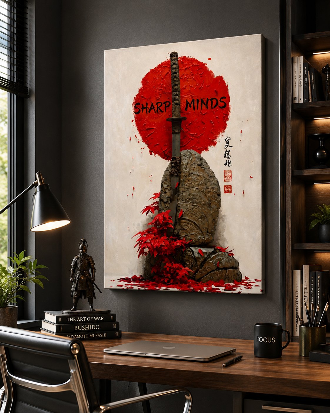 Japanese Samurai Sword Wall Art - Katana and Red Sun Canvas Print, Zen Rock and Maple Leaves Poster for Living Room Decor canvas print — samurai sword decor