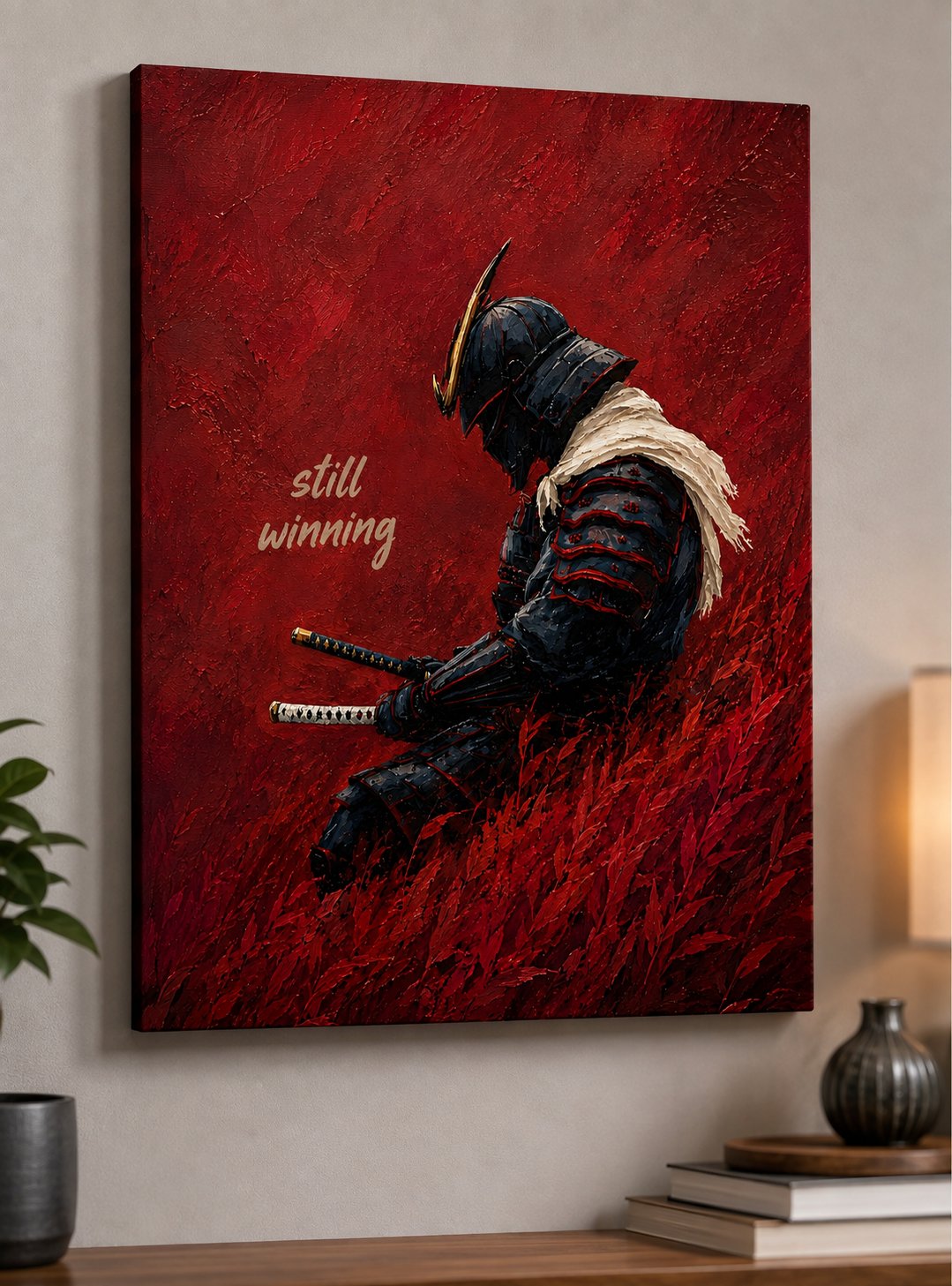 Japanese Samurai Warrior Wall Art - "Still Winning" Canvas Print, Red and Black Armor Bushido Decor canvas print — samurai warrior