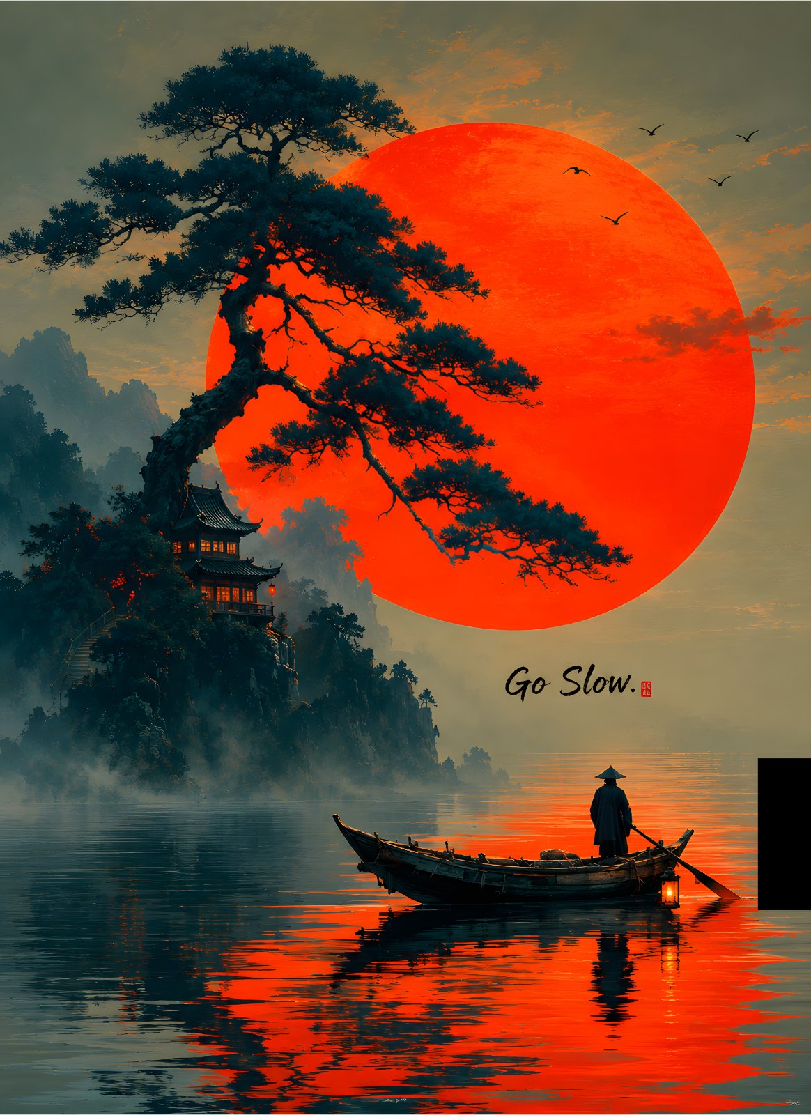 Japanese Style Zen Poster - Large Red Sun, Bonsai Tree & Boat Poster - Serene Landscape Poster, "Go Slow" Asian Decor — Poster