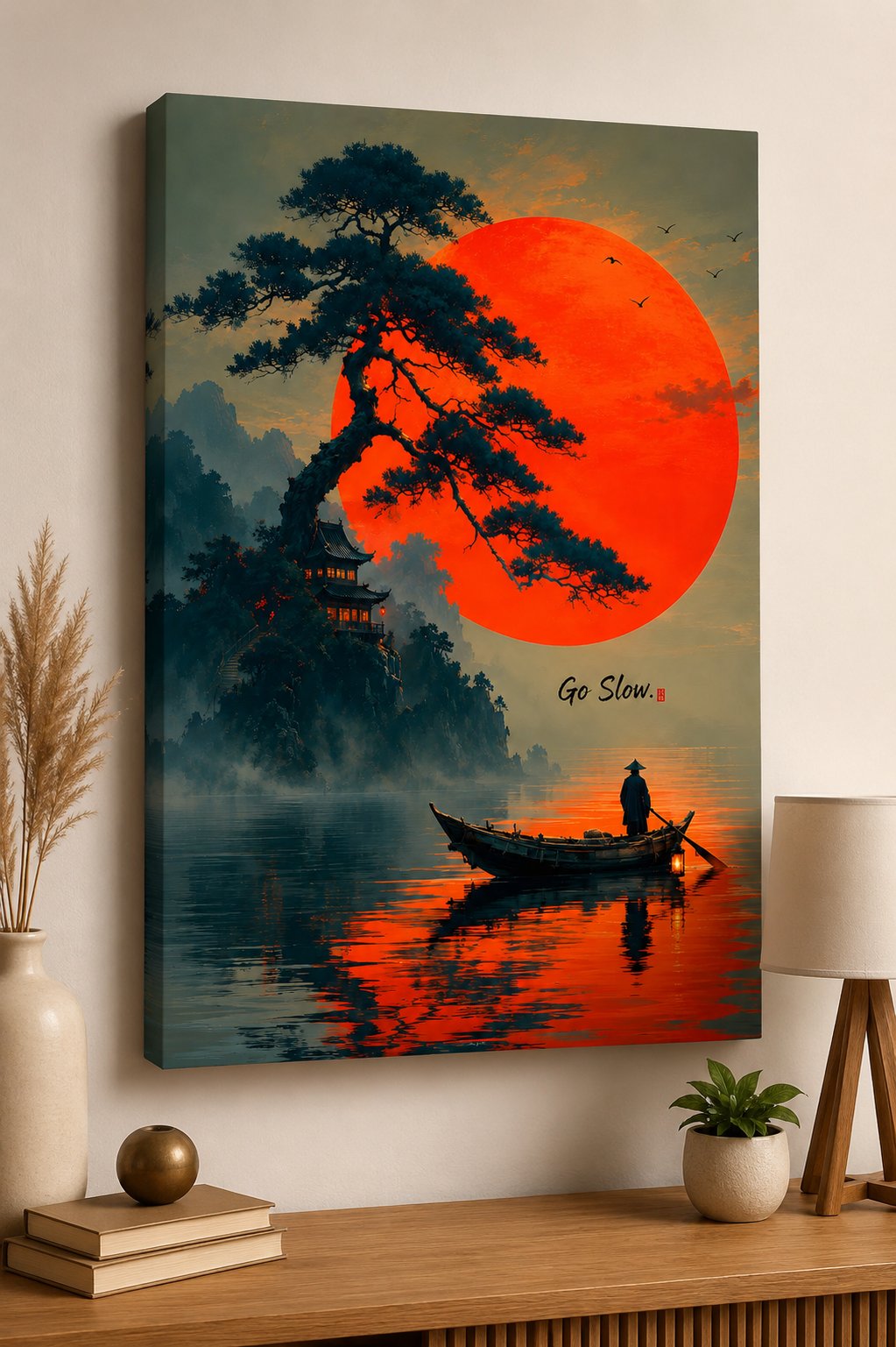 Japanese Style Zen Wall Art - Large Red Sun, Bonsai Tree & Boat Canvas Print - Serene Landscape Poster, "Go Slow" Asian Decor canvas print — pagoda sunset print