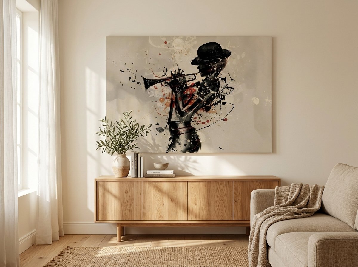 Jazz trumpet player silhouette in a bowler hat, abstract ink splatter painting on a beige background — canvas wall art