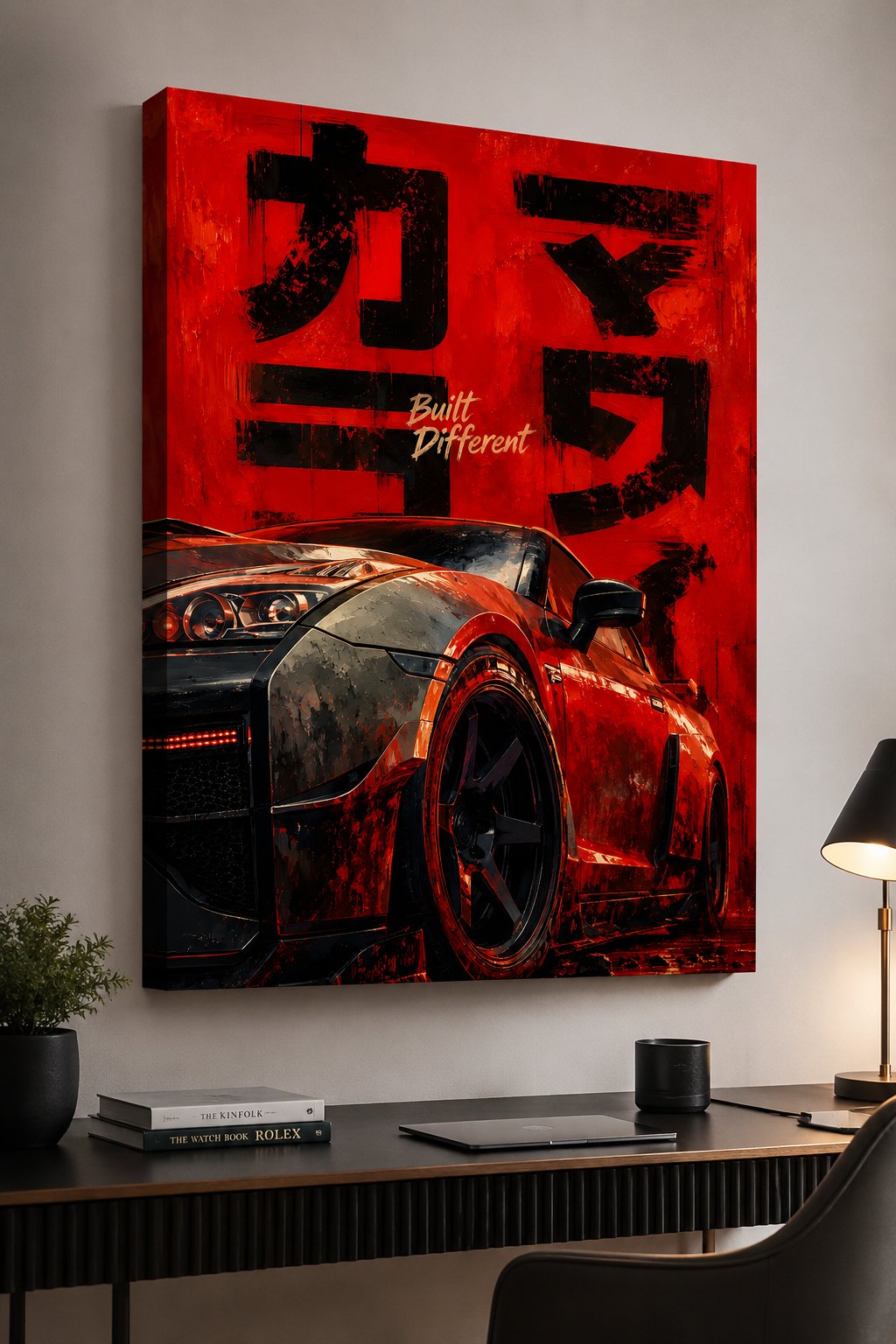 JDM Sports Car Canvas Wall Art - "Built Different" Japanese Street Racing Poster - Modern Red & Black Automotive Print for Garage, Man Cave & Living Room canvas print — automotive wall decor