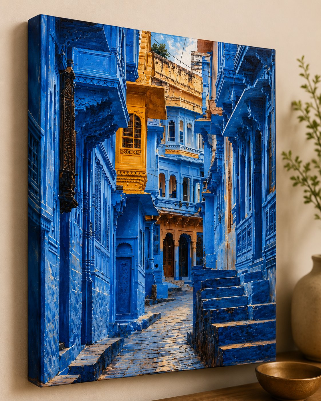 Jodhpur Blue City Wall Art | Indian Architecture Street Photography Print | Vibrant Blue Alley Canvas Art canvas print — old town alley