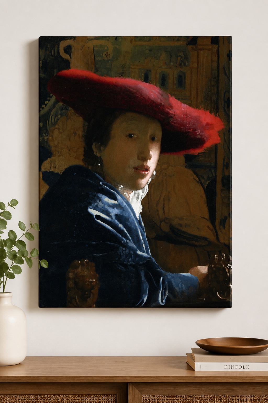 Johannes Vermeer Girl with a Red Hat Wall Art – Baroque Canvas Print Reproduction canvas print — woman in wide-brim hat