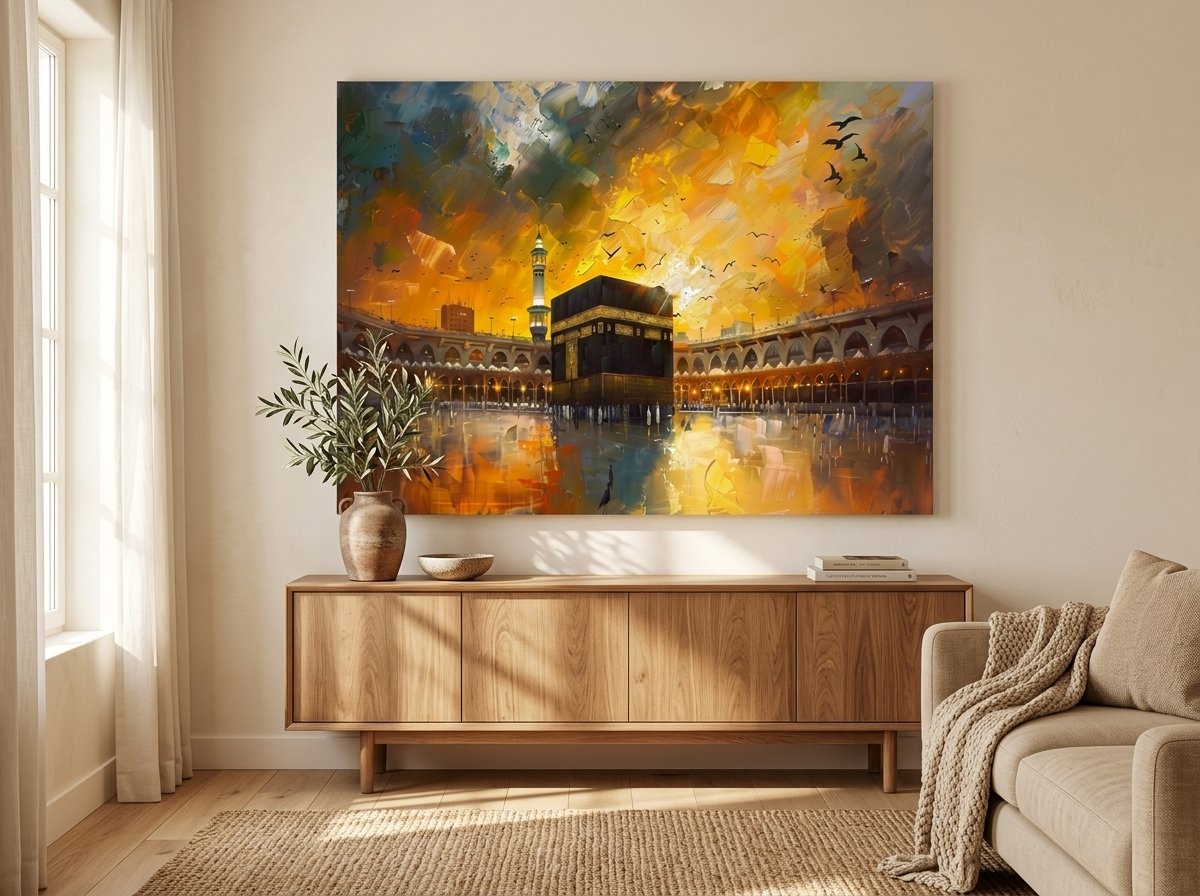 Kaaba in Mecca at sunset with black Kaaba, gold band, pilgrims and dramatic orange sky — canvas wall art