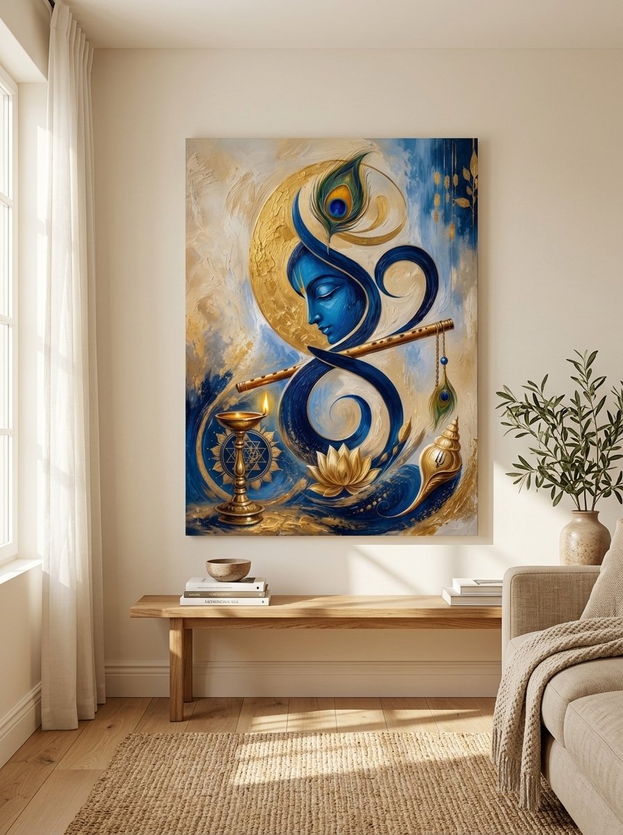 Blue Krishna profile with flute, diya and lotus — impasto canvas wall art