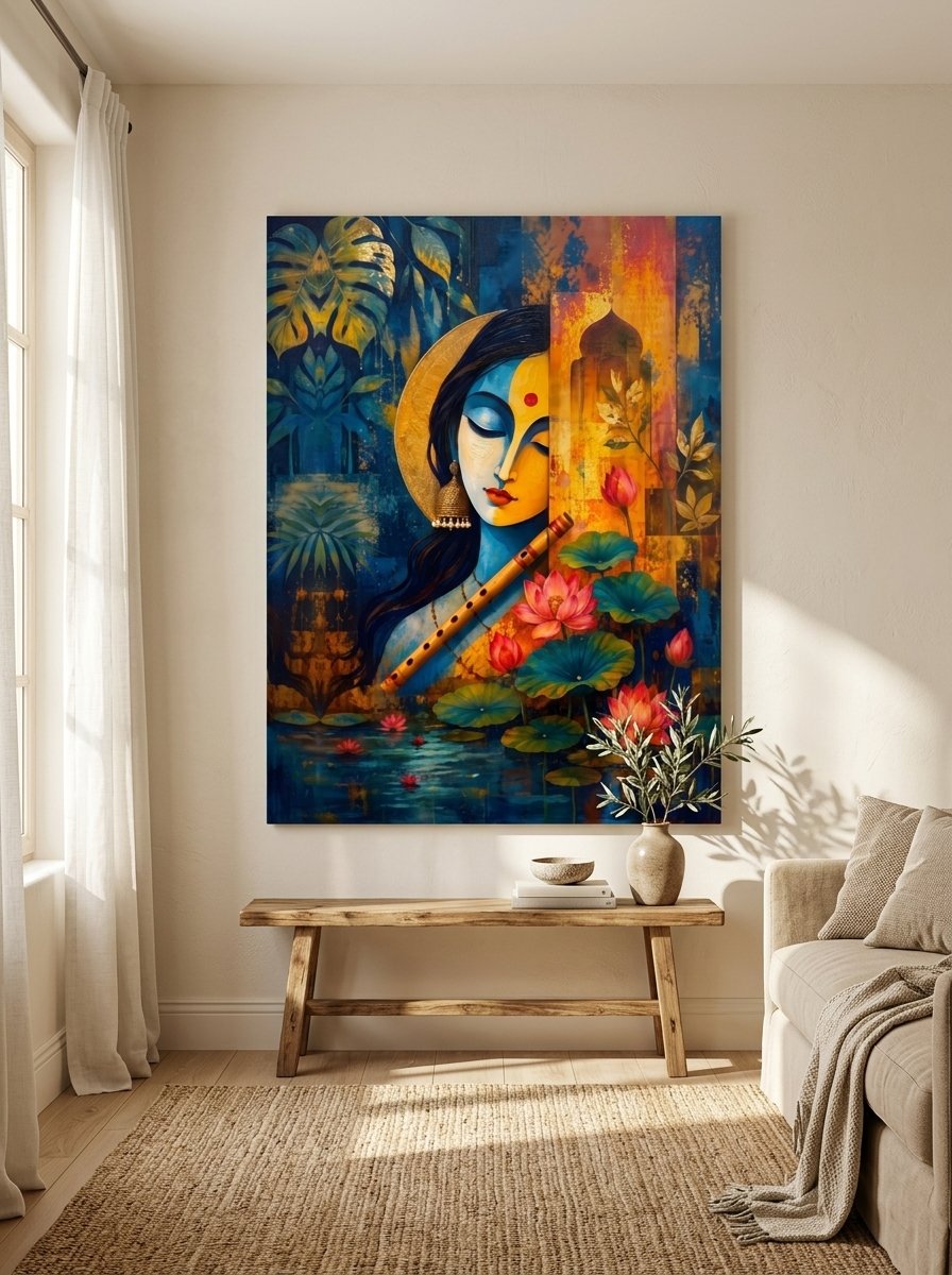 Krishna playing flute among lotus flowers — blue and gold impasto canvas wall art