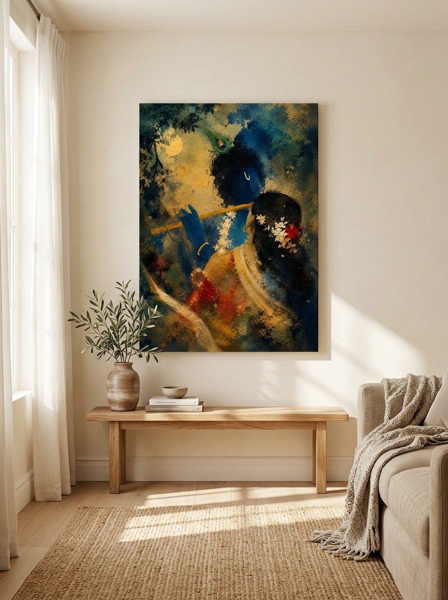 Krishna playing flute with Radha under moonlight with peacock feather canvas wall art in deep blues and golds