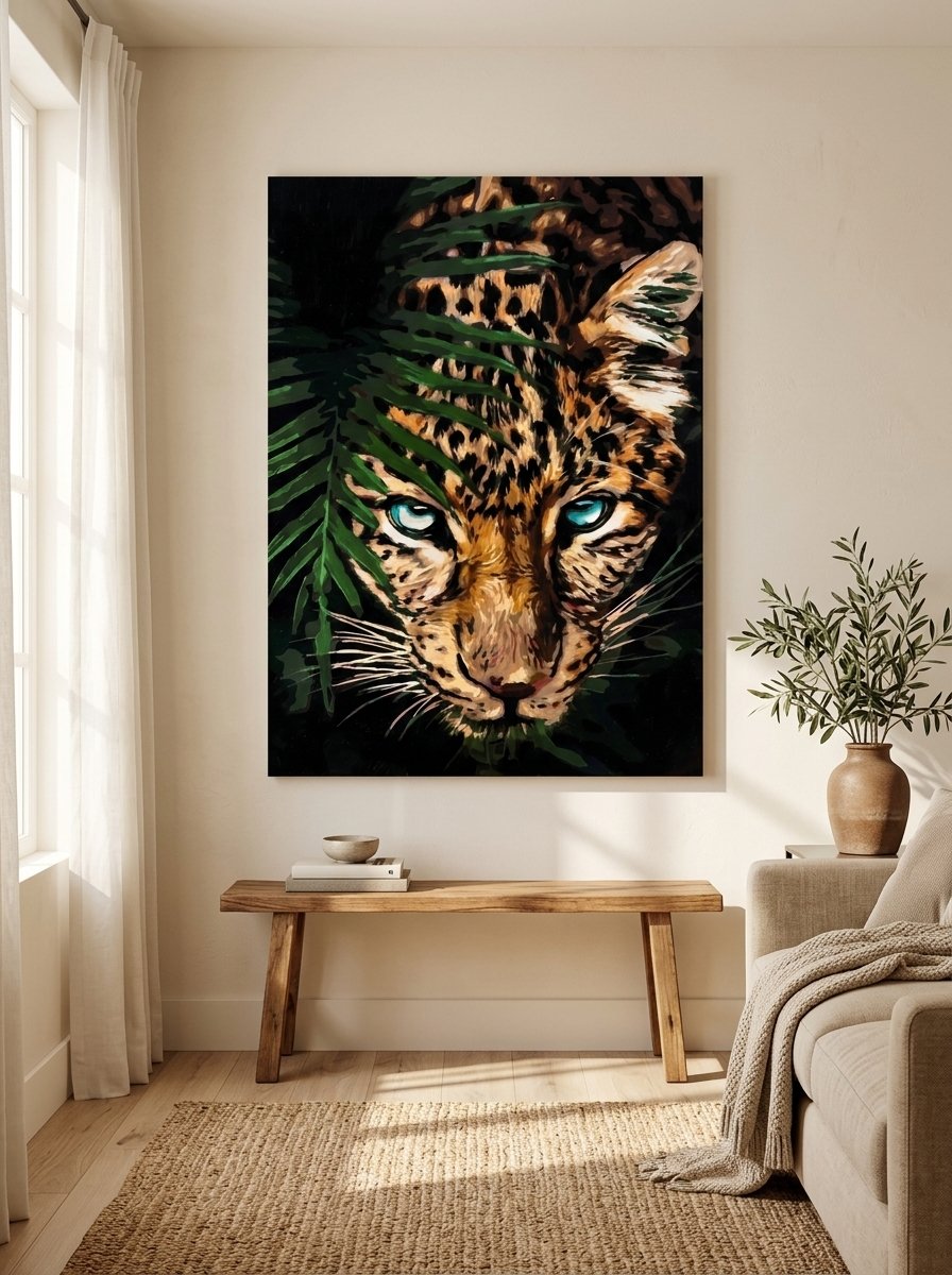 Leopard face with blue eyes among green palm leaves wildlife canvas wall art for living room and office