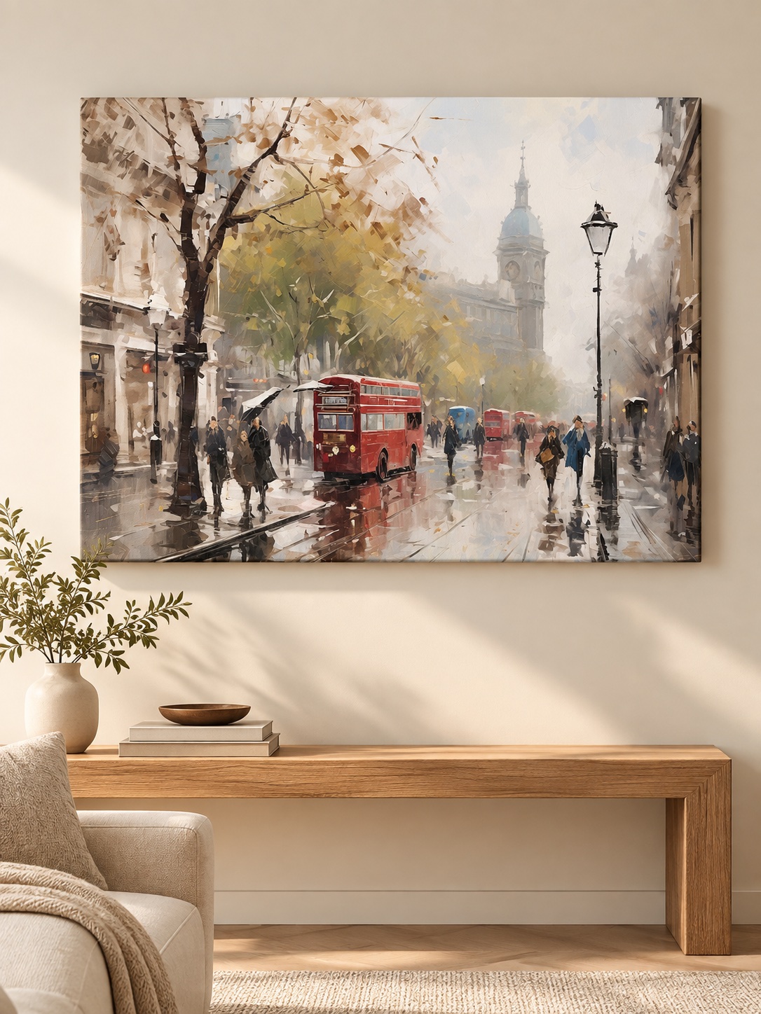 London Red Bus Rainy Street Canvas Wall Art