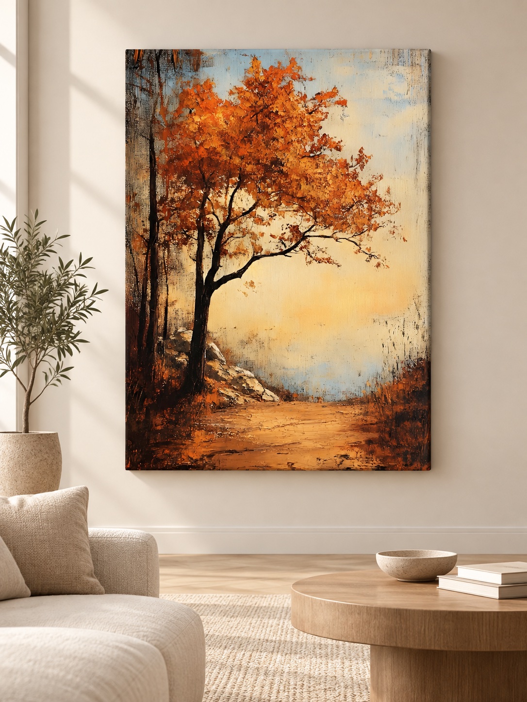 Lone Autumn Tree Hillside Canvas Wall Art