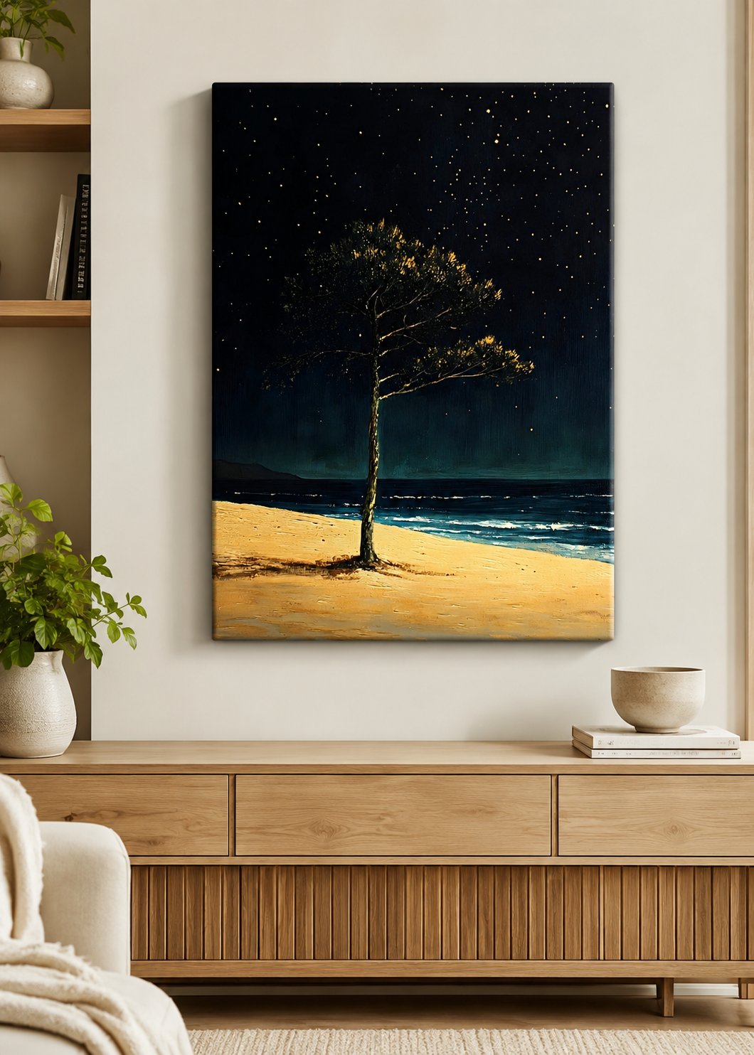 Lone Tree on Starry Night Beach Canvas Wall Art - Serene Coastal Ocean Painting Print canvas print — starry night wall decor