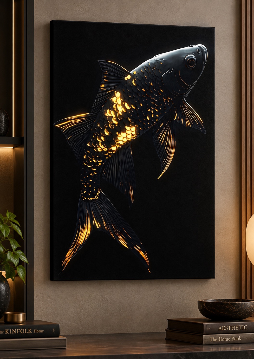 Luminous Gold & Black Koi Fish Wall Art – Modern Luxury Aquatic Canvas Print canvas print — koi fish wall decor