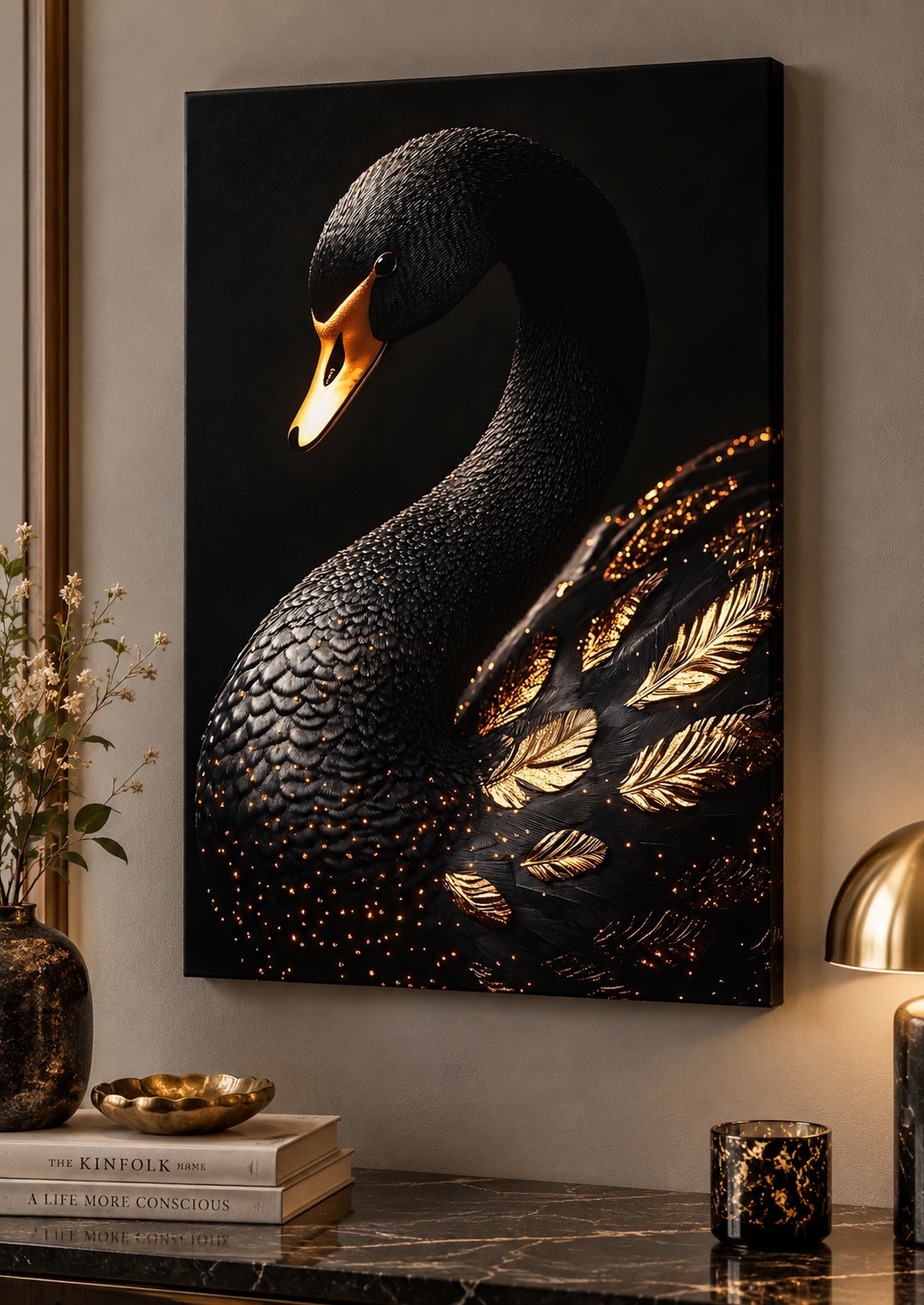 Luxury Black Swan Gold Accent Wall Art – Elegant Dark Aesthetic Canvas Print canvas print — swan wall decor