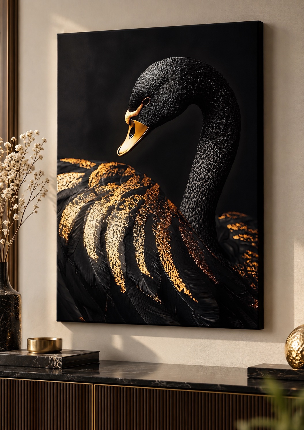 Luxury Black Swan Wall Art - Black and Gold Feathers Fine Art Print for Modern Home Decor canvas print — swan canvas print