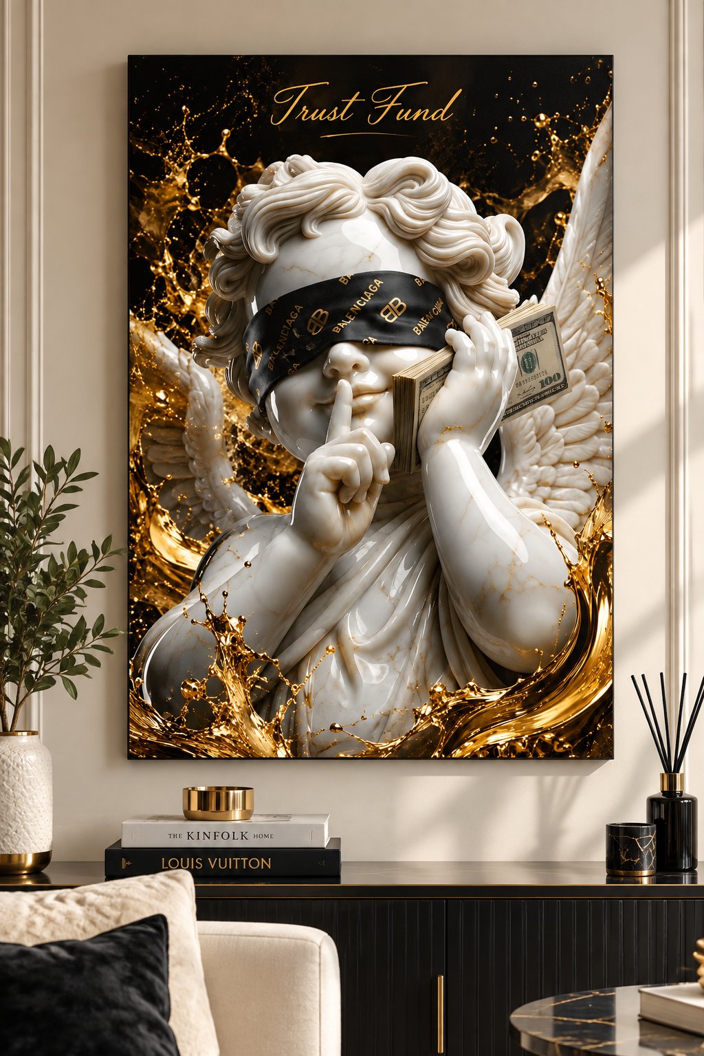 Luxury Hypebeast Wall Art - "Trust Fund" Cherub Canvas Print | Modern Street Art Angel with Money canvas print — angel statue wall decor