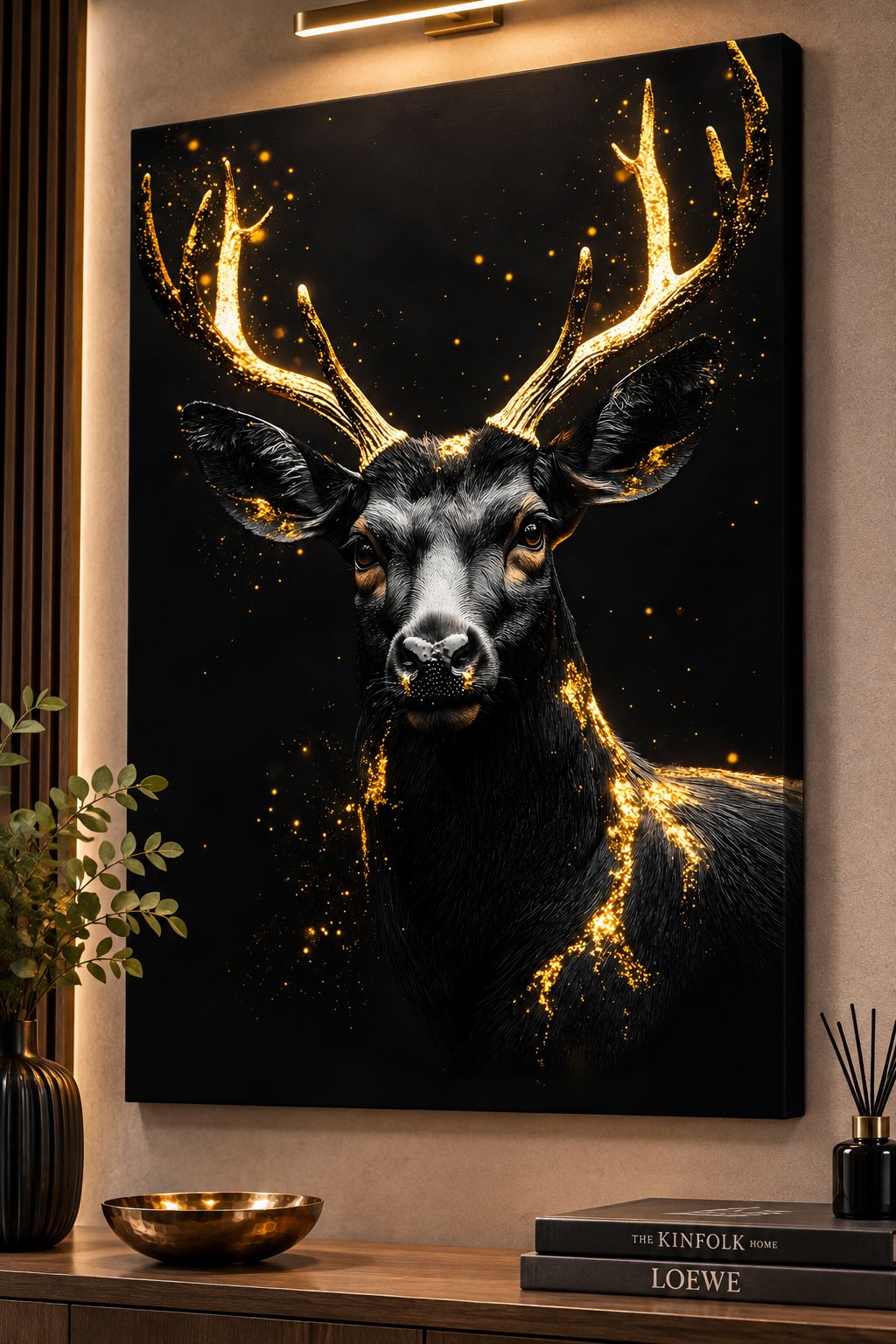 Majestic Black and Gold Deer Canvas Wall Art | Luxury Stag Horns Print | Modern Wildlife Poster for Living Room Office Decor canvas print — stag wall decor