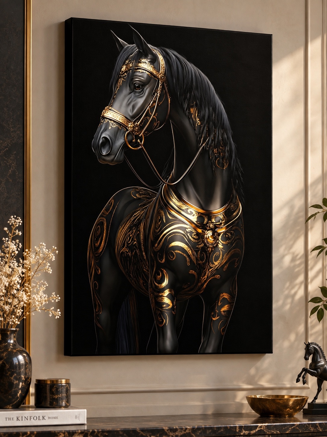 Majestic Black and Gold Horse Wall Art – Luxury Ornate Stallion Canvas Print & Dark Modern Equestrian Decor canvas print — equestrian decor