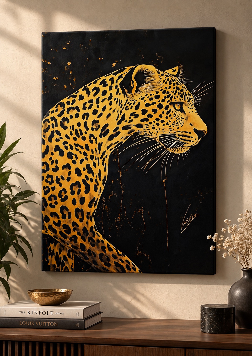 Majestic Black and Gold Leopard Wall Art – Modern High-Contrast Wildlife Portrait Print, Luxury Big Cat Canvas Decor canvas print — leopard wall decor