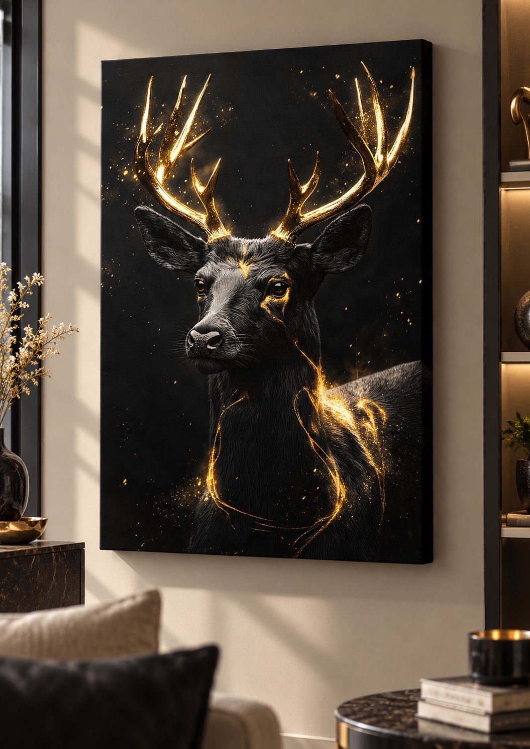 Majestic Black & Gold Deer Canvas Wall Art - Mystical Stag Fine Art Print, Dark Luxury Animal Artwork for Living Room & Office Decor canvas print — stag wall decor
