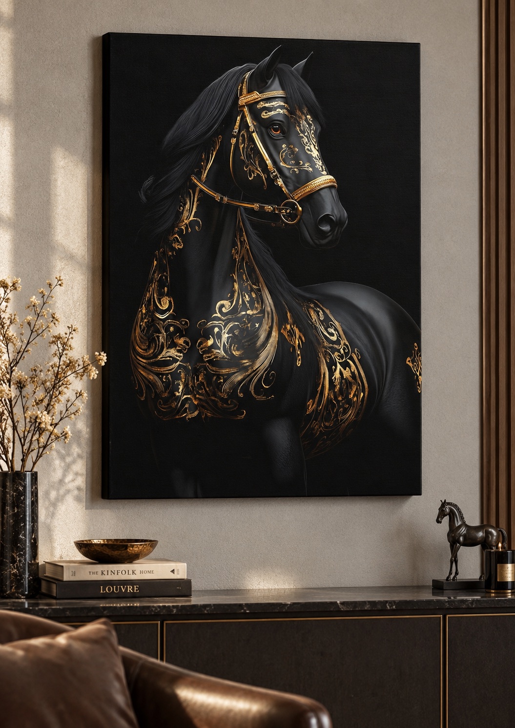Majestic Black & Gold Horse Wall Art – Ornate Equestrian Canvas Print & Regal Dark Luxury Decor canvas print — equestrian decor