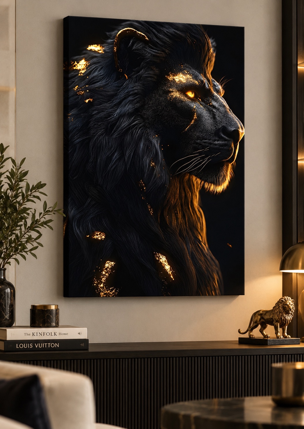 Majestic Black & Gold Lion Canvas Wall Art | Glowing Golden Eye Wildlife Painting for Home & Office Decor canvas print — lion wall decor